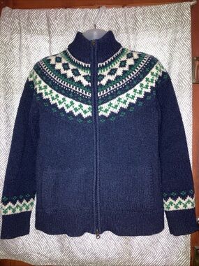 L.L. Bean Wool Cardigan Sweater Full Zip Blue Green White  Large